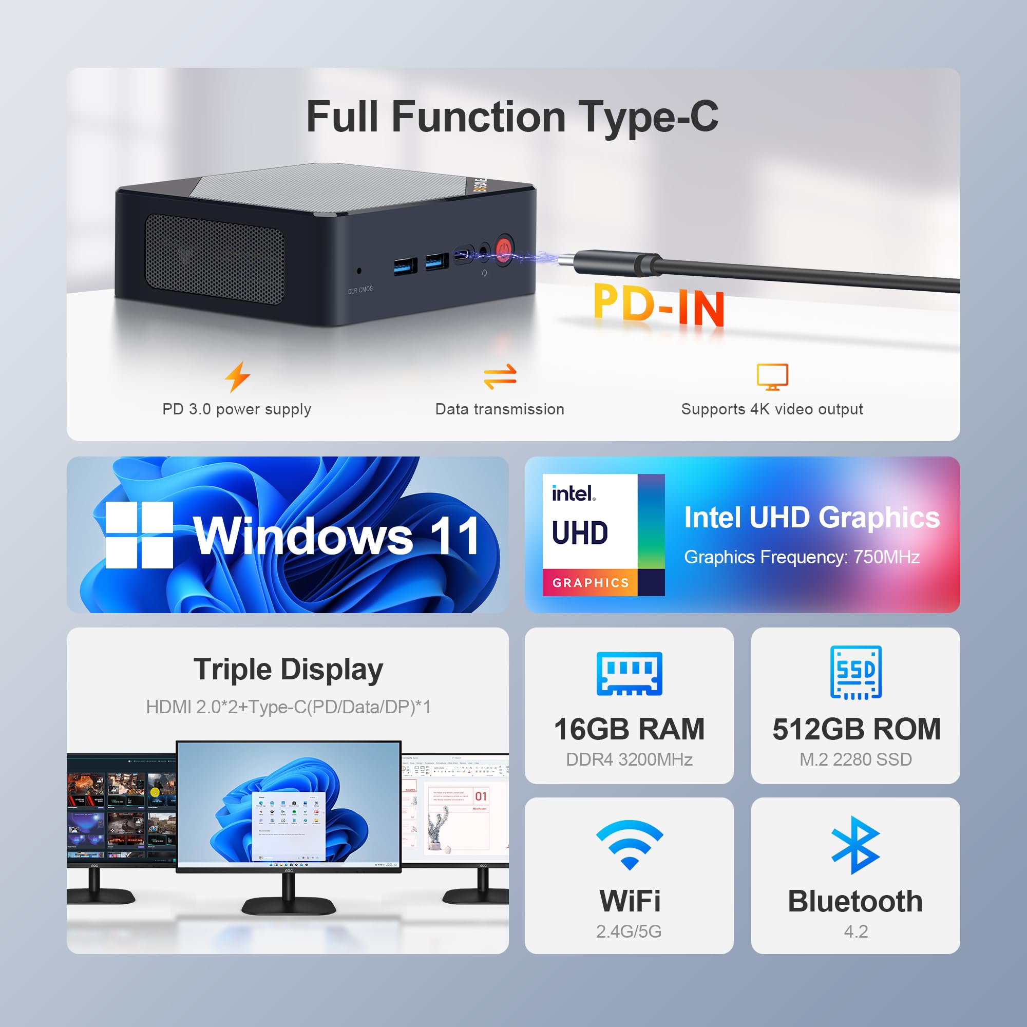 BOSGAME Mini PC B100, Intel Alder Lake N100 Mini Computer,16GB